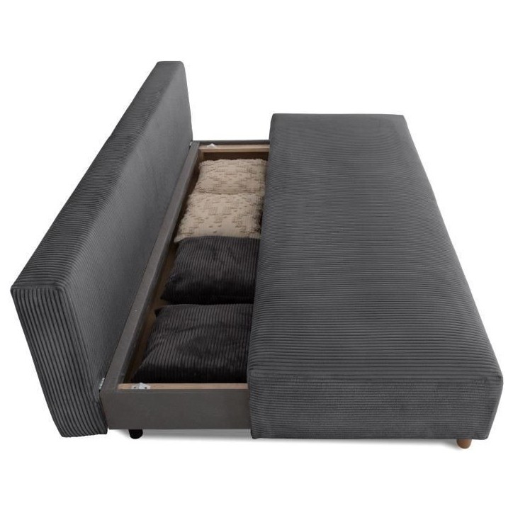 Canapé droit convertible 3 places GINO - Velours côtelé anthracite - Avec coffre - L 195 x H 89 x P 91 cm Canapé droit convertible 3 places GINO - Velours côtelé anthracite - Avec coffre - L 195 x H 89 x P 91 cm