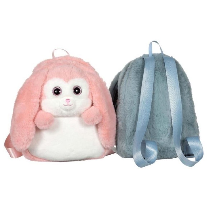 Fluffy Bag - GIPSY TOYS - Sac a dos en peluche - Lapin rose et blanc 30 cm