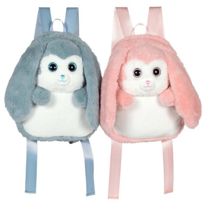 Fluffy Bag - GIPSY TOYS - Sac a dos en peluche - Lapin rose et blanc 30 cm