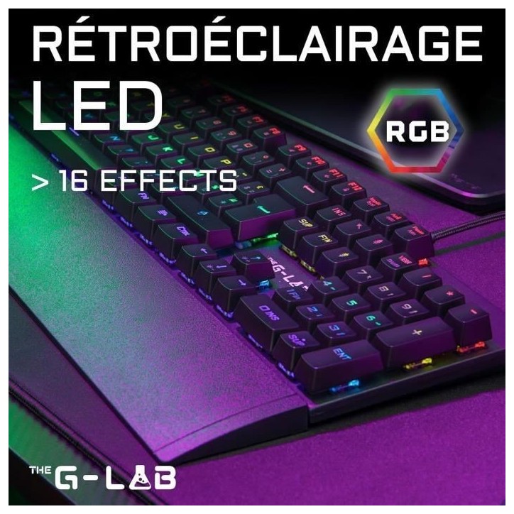 Clavier Gamer - The G-Lab - KEYZ CARBON E - Mécanique (Switch Bleu) - Rainbow - Low Profile - Repose Poignet - Filaire - Noir