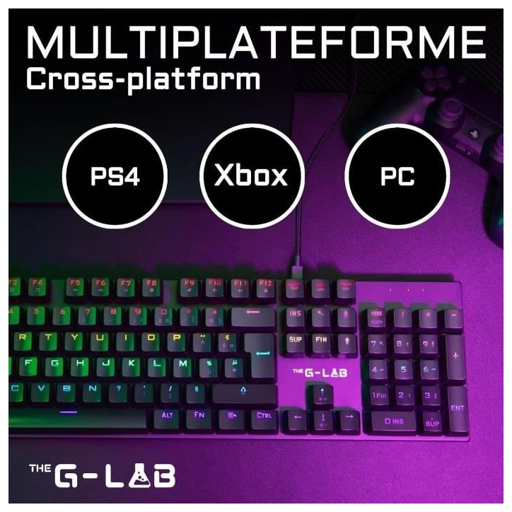 Clavier Gamer - The G-Lab - KEYZ CARBON E - Mécanique (Switch Bleu) - Rainbow - Low Profile - Repose Poignet - Filaire - Noir