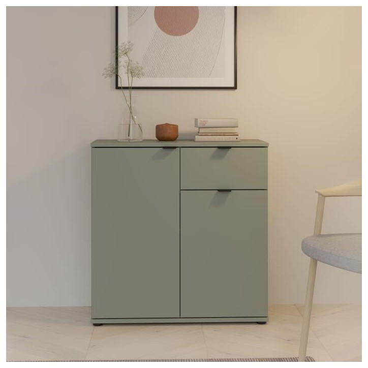 Petit meuble de rangement - Buffet - GANYMEDE - 2 portes - 1 tiroir - Sauge - 80,1 x 34,1 x 82,3 cm Petit meuble de rangement - Buffet - GANYMEDE - 2 portes - 1 tiroir - Sauge - 80,1 x 34,1 x 82,3 cm