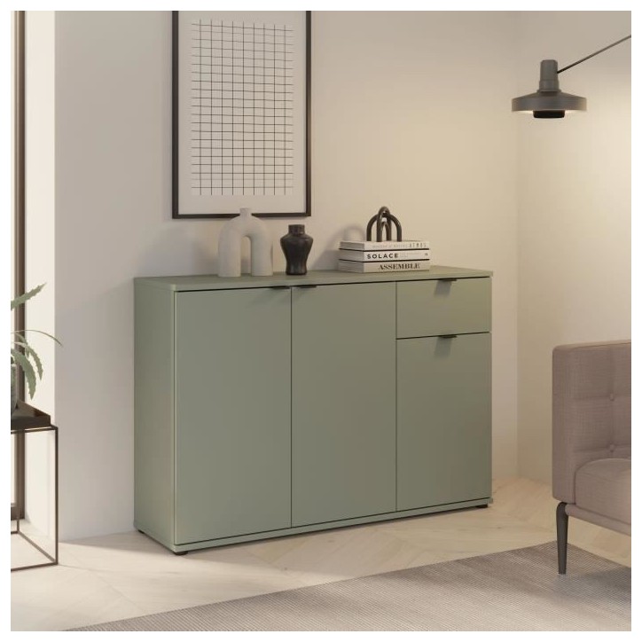 Commode - GANYMEDE - 3 portes - 1 tiroir - Sauge - 119,8 x 34,1 x 82,3 cm Commode - GANYMEDE - 3 portes - 1 tiroir - Sauge - 119,8 x 34,1 x 82,3 cm