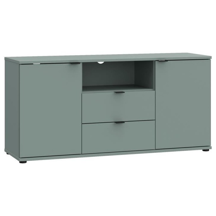 Meuble TV - GANYMEDE - Sauge - 2 portes, 2 tiroirs, 1 niche - 129,8 x 41,3 x 63,1 cm Meuble TV - GANYMEDE - Sauge - 2 portes, 2 tiroirs, 1 niche - 129,8 x 41,3 x 63,1 cm