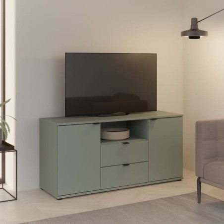 Meuble TV - GANYMEDE - Sauge - 2 portes, 2 tiroirs, 1 niche - 129,8 x 41,3 x 63,1 cm