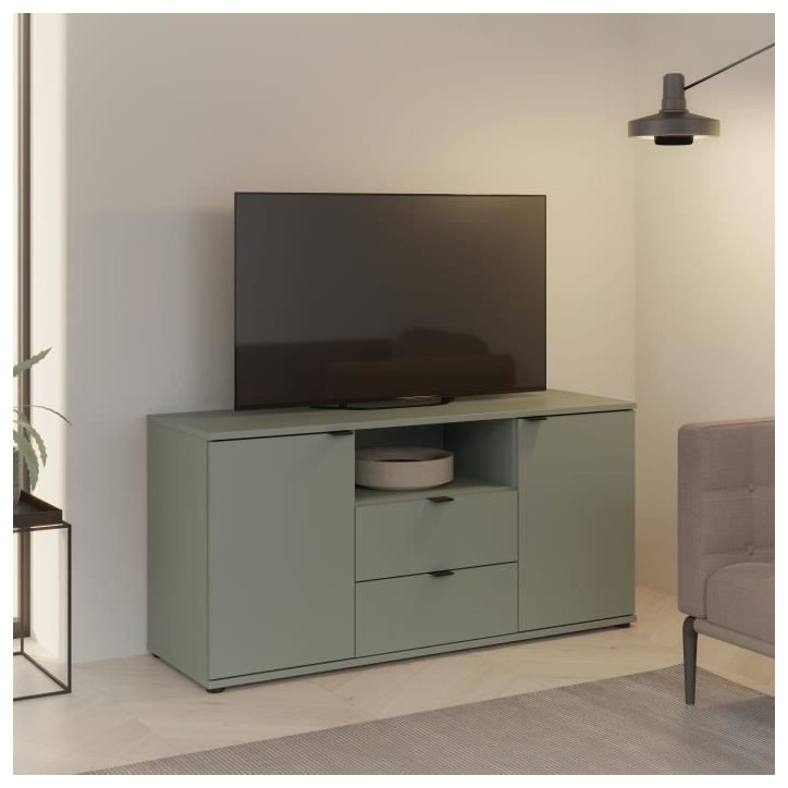 Meuble TV - GANYMEDE - Sauge - 2 portes, 2 tiroirs, 1 niche - 129,8 x 41,3 x 63,1 cm Meuble TV - GANYMEDE - Sauge - 2 portes, 2 tiroirs, 1 niche - 129,8 x 41,3 x 63,1 cm