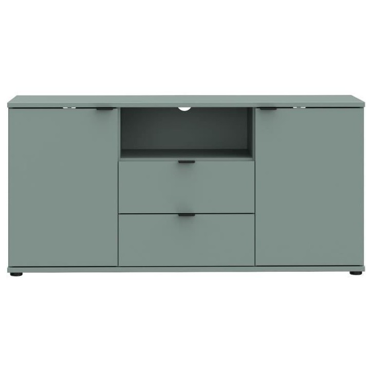 Meuble TV - GANYMEDE - Sauge - 2 portes, 2 tiroirs, 1 niche - 129,8 x 41,3 x 63,1 cm Meuble TV - GANYMEDE - Sauge - 2 portes, 2 tiroirs, 1 niche - 129,8 x 41,3 x 63,1 cm