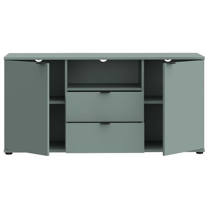 Meuble TV - GANYMEDE - Sauge - 2 portes, 2 tiroirs, 1 niche - 129,8 x 41,3 x 63,1 cm Meuble TV - GANYMEDE - Sauge - 2 portes, 2 tiroirs, 1 niche - 129,8 x 41,3 x 63,1 cm