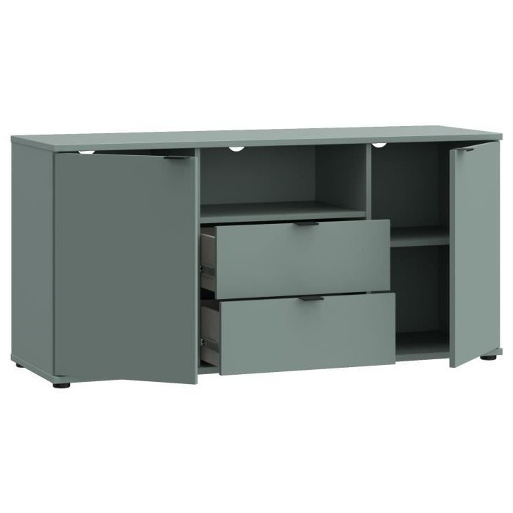 Meuble TV - GANYMEDE - Sauge - 2 portes, 2 tiroirs, 1 niche - 129,8 x 41,3 x 63,1 cm Meuble TV - GANYMEDE - Sauge - 2 portes, 2 tiroirs, 1 niche - 129,8 x 41,3 x 63,1 cm