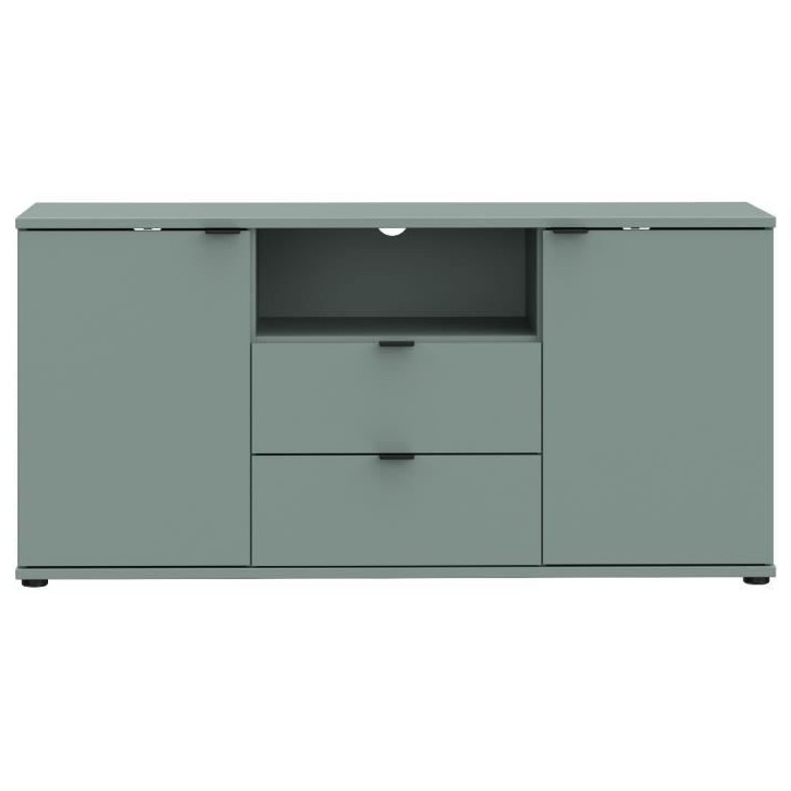Meuble TV - GANYMEDE - Sauge - 2 portes, 2 tiroirs, 1 niche - 129,8 x 41,3 x 63,1 cm Meuble TV - GANYMEDE - Sauge - 2 portes, 2 tiroirs, 1 niche - 129,8 x 41,3 x 63,1 cm