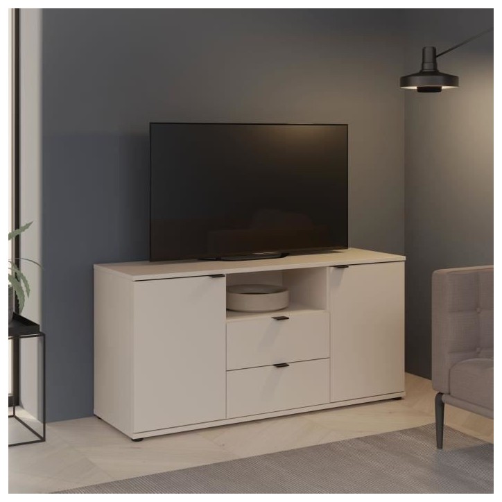 Meuble TV - GANYMEDE - Sable - 2 portes, 2 tiroirs, 1 niche - 129,8 x 41,3 x 63,1 cm Meuble TV - GANYMEDE - Sable - 2 portes, 2 tiroirs, 1 niche - 129,8 x 41,3 x 63,1 cm
