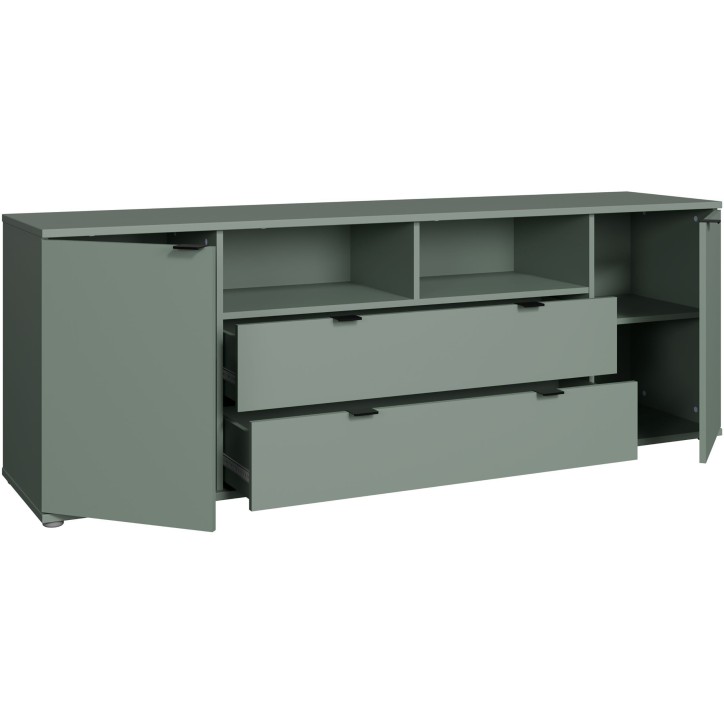 Meuble TV - GANYMEDE - Sauge - 2 portes, 2 tiroirs, 2 niches - 179,8 x 41,3 x 63,1 cm