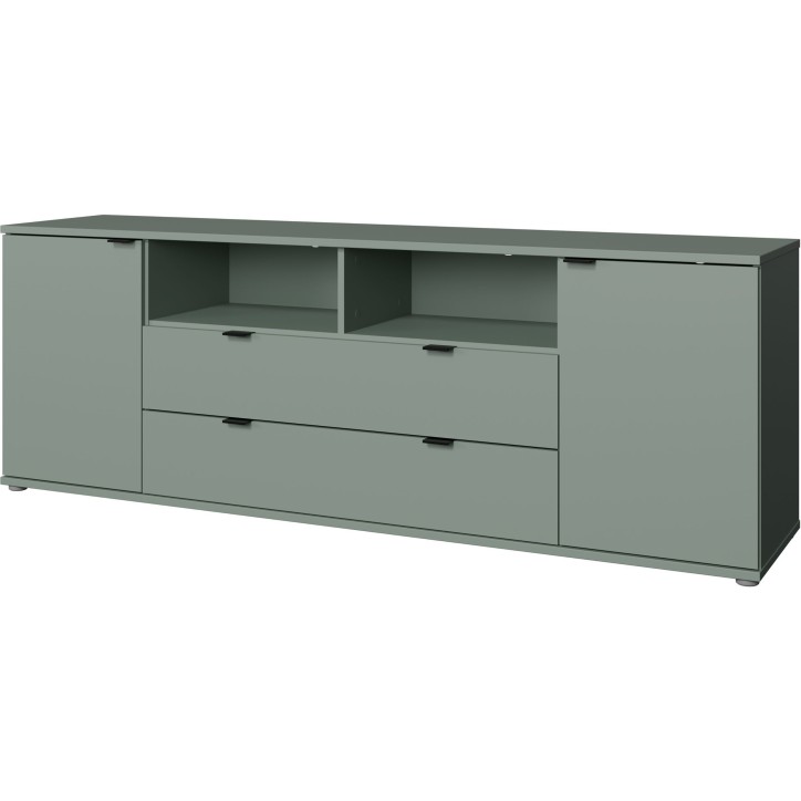Meuble TV - GANYMEDE - Sauge - 2 portes, 2 tiroirs, 2 niches - 179,8 x 41,3 x 63,1 cm