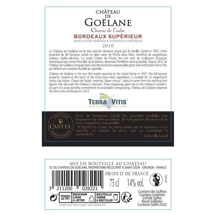 Château de Goëlane 2016 Bordeaux Supérieur - Vin rouge de bordeaux