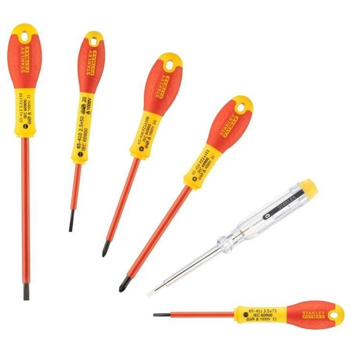 Jeu de 6 Tournevis Isolés 1000V - STANLEY FATMAX - 0-65-443 - Electricien + Pozidriv + Testeur Jeu de 6 Tournevis Isolés 1000V - STANLEY FATMAX - 0-65-443 - Electricien + Pozidriv + Testeur