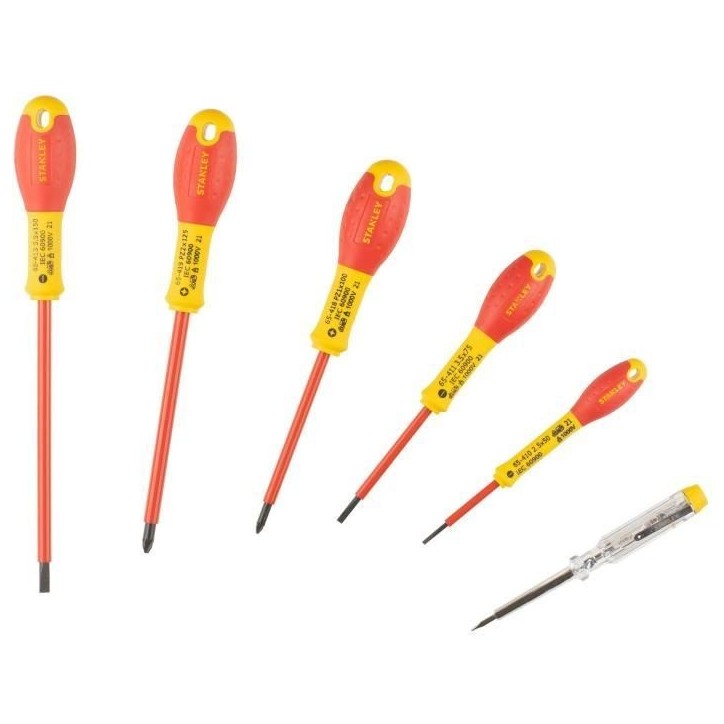 Jeu de 6 Tournevis Isolés 1000V - STANLEY FATMAX - 0-65-443 - Electricien + Pozidriv + Testeur Jeu de 6 Tournevis Isolés 1000V - STANLEY FATMAX - 0-65-443 - Electricien + Pozidriv + Testeur