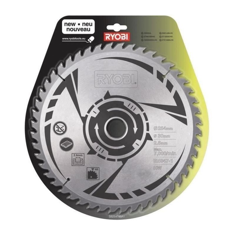 RYOBI - Lame carbure 48 dents diam. 254 mm - alésage 30 mm - épaisse RYOBI - Lame carbure 48 dents diam. 254 mm - alésage 30 mm - épaisse