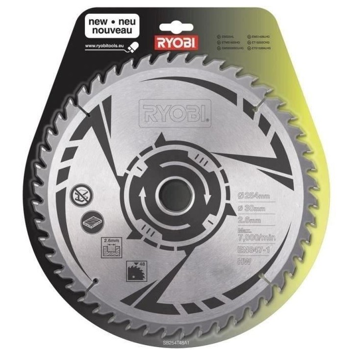 RYOBI - Lame carbure 48 dents diam. 254 mm - alésage 30 mm - épaisseur 2,6 mm pour EMS254L / RTS1800 / RTMS1800... - SB254T48A RYOBI - Lame carbure 48 dents diam. 254 mm - alésage 30 mm - épaisseur 2,6 mm pour EMS254L / RTS1800 / RTMS1800... - SB254T48A