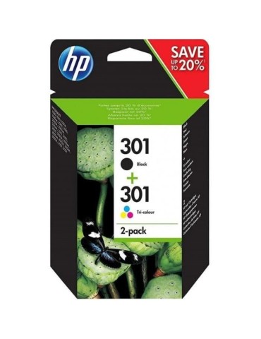 HP 301 Pack de 2 cartouches d'encre noire et trois couleurs authentiques (N9J72AE) pour HP Envy 4505, DeskJet 1050/1512/2548/305