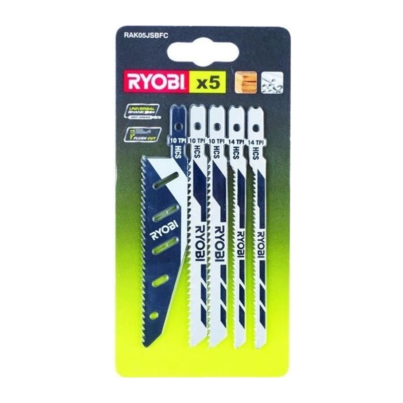 RYOBI - Carte 5 lames scie sauteuse FLUSHCUT bois 10 TPI, chantournage RYOBI - Carte 5 lames scie sauteuse FLUSHCUT bois 10 TPI, chantournage