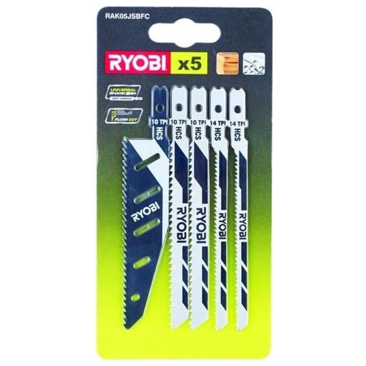 RYOBI - Carte 5 lames scie sauteuse FLUSHCUT bois 10 TPI, chantournage 14 TPI, inversé 10 TPI - RAK05JSBFC RYOBI - Carte 5 lames scie sauteuse FLUSHCUT bois 10 TPI, chantournage 14 TPI, inversé 10 TPI - RAK05JSBFC