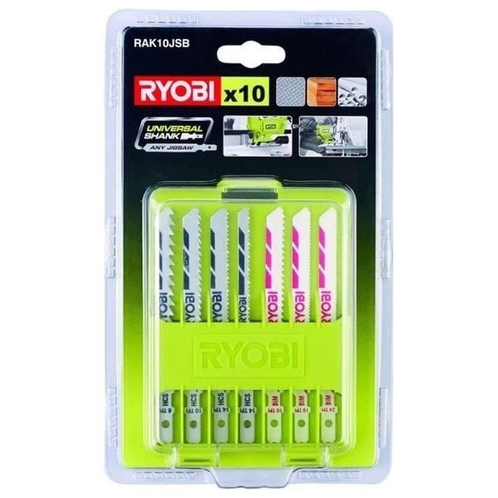 RYOBI - Coffret 10 lames baionnettes scie sauteuse bois - plastique (6 / 10 / 14 TPI) et bimétal - RAK10JSB RYOBI - Coffret 10 lames baionnettes scie sauteuse bois - plastique (6 / 10 / 14 TPI) et bimétal - RAK10JSB