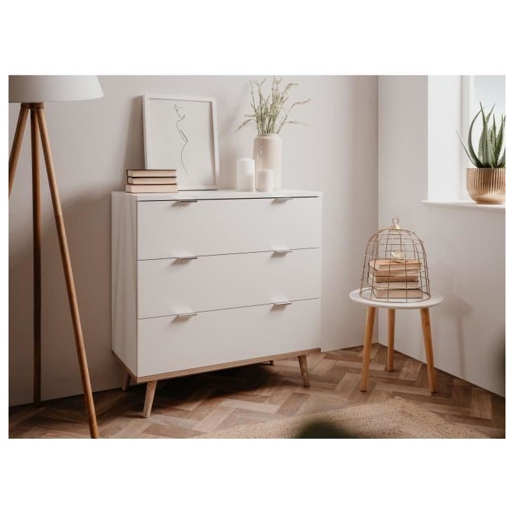 Commode Göteborg - 3 tiroirs - Décor chene sonoma Blanc - Scandinave - L 79,8 x P 40 x H 86,5 cm Commode Göteborg - 3 tiroirs - Décor chene sonoma Blanc - Scandinave - L 79,8 x P 40 x H 86,5 cm