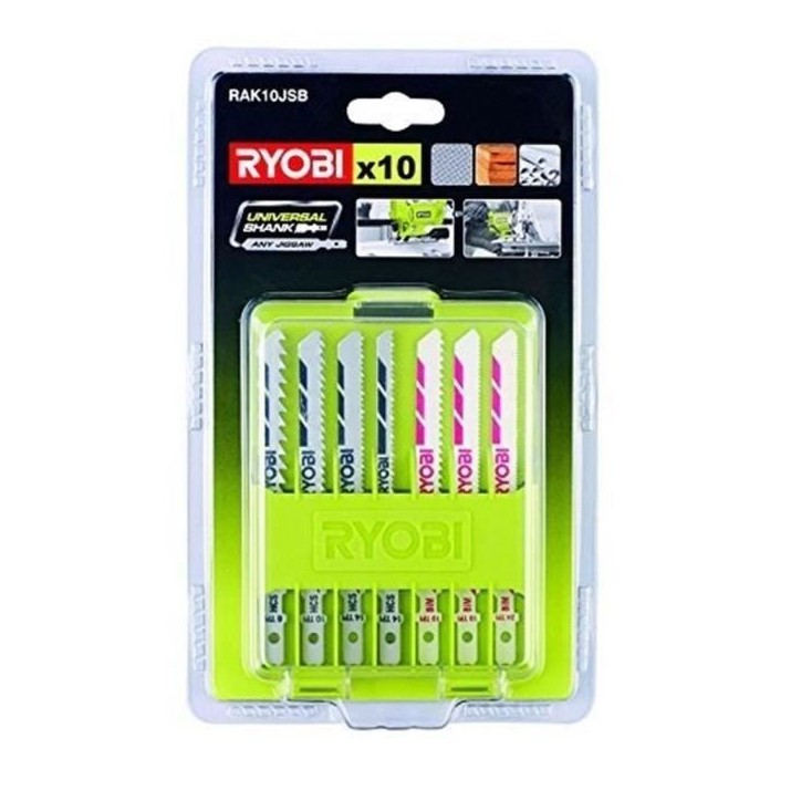 RYOBI - Coffret 10 lames baionnettes scie sauteuse bois - plastique (6 / 10 / 14 TPI) et bimétal - RAK10JSB RYOBI - Coffret 10 lames baionnettes scie sauteuse bois - plastique (6 / 10 / 14 TPI) et bimétal - RAK10JSB