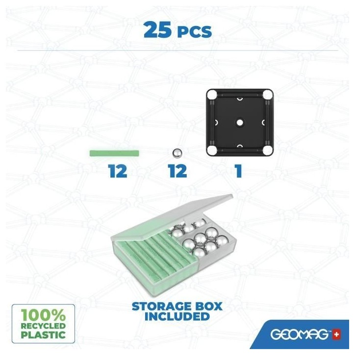 Coffret de construction - GEOMAG - Glow Recycled - 25 pieces - Luminescent - Magnétique - Plastique recyclé Coffret de construction - GEOMAG - Glow Recycled - 25 pieces - Luminescent - Magnétique - Plastique recyclé