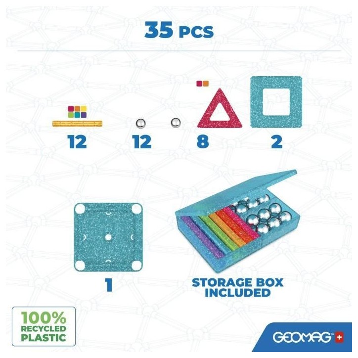 Coffret de construction - GEOMAG - Glitter Panels - 35 pieces - Magnétique - Plastique recyclé
