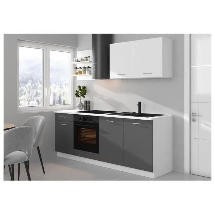 Cuisine complete PREGO - L 210 cm - Décor gris Graphit - Plan de travail 210 cm inclus Cuisine complete PREGO - L 210 cm - Décor gris Graphit - Plan de travail 210 cm inclus