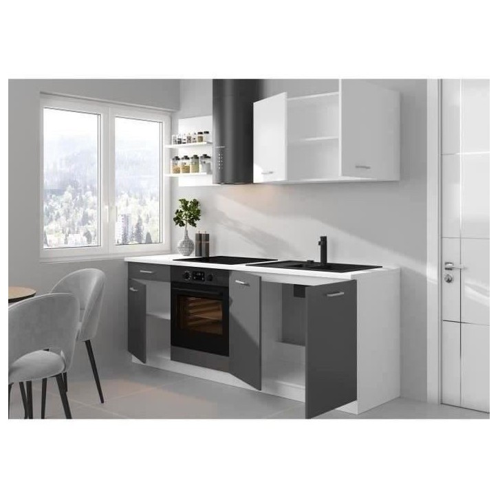 Cuisine complete PREGO - L 210 cm - Décor gris Graphit - Plan de travail 210 cm inclus Cuisine complete PREGO - L 210 cm - Décor gris Graphit - Plan de travail 210 cm inclus