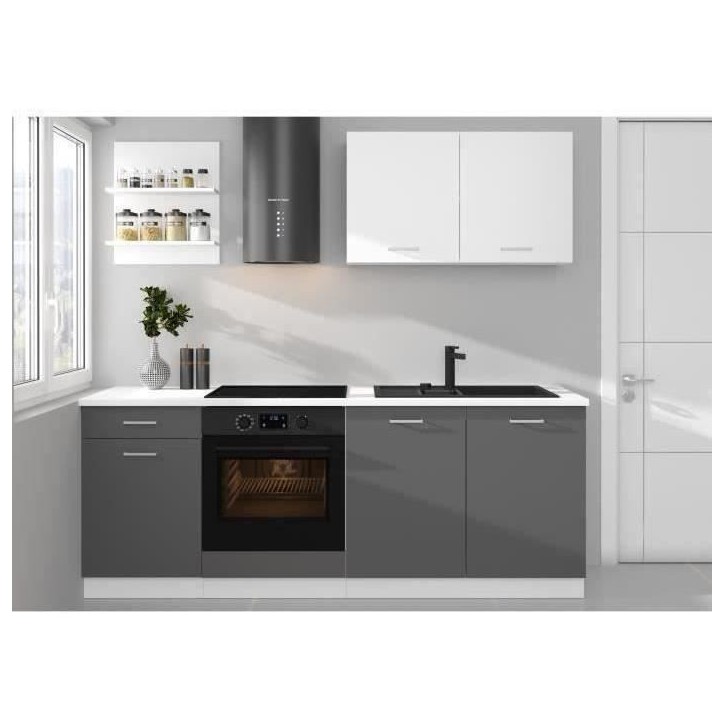 Cuisine complete PREGO - L 210 cm - Décor gris Graphit - Plan de travail 210 cm inclus Cuisine complete PREGO - L 210 cm - Décor gris Graphit - Plan de travail 210 cm inclus