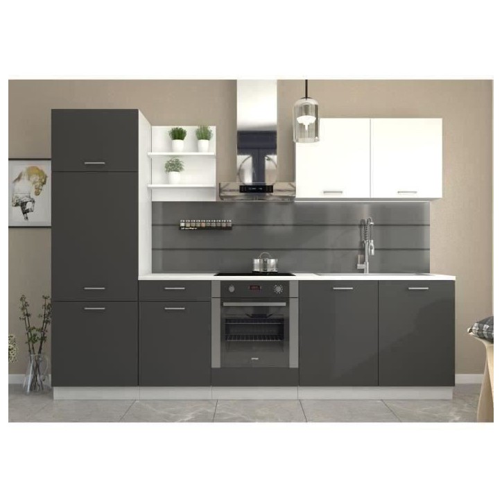 Cuisine complete PREGO- L 270 cm - Gris Graphit - Plan de travail 210 cm inclus