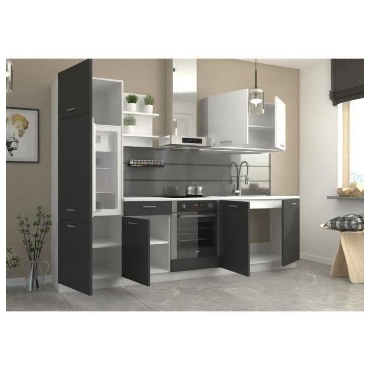 Cuisine complete PREGO- L 270 cm - Gris Graphit - Plan de travail 210 cm inclus