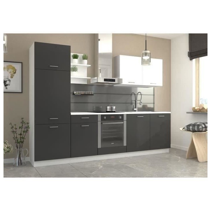 Cuisine complete PREGO- L 270 cm - Gris Graphit - Plan de travail 210 cm inclus