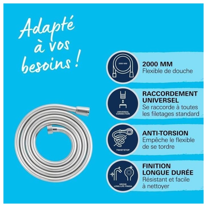 Flexible de douche - GROHE VitalioFlex 27507001 - 2m - Anti-pliures - Anti-torsion - Connexion universelle - Surface lisse - Chr Flexible de douche - GROHE VitalioFlex 27507001 - 2m - Anti-pliures - Anti-torsion - Connexion universelle - Surface lisse - Chr