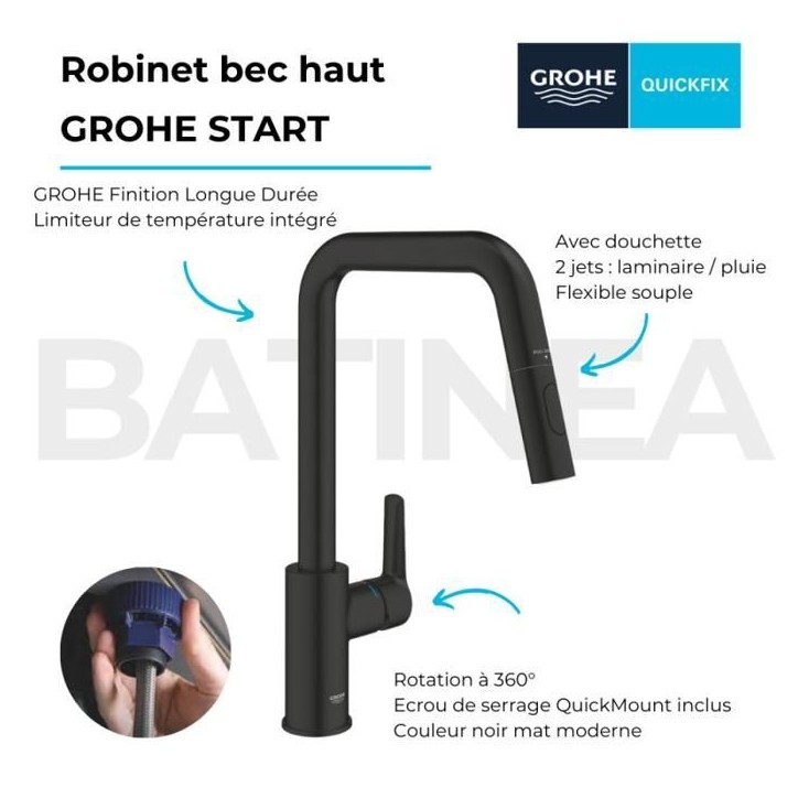 Robinet de cuisine avec douchette GROHE Start bec haut noir mat 2 jets Robinet de cuisine avec douchette GROHE Start bec haut noir mat 2 jets