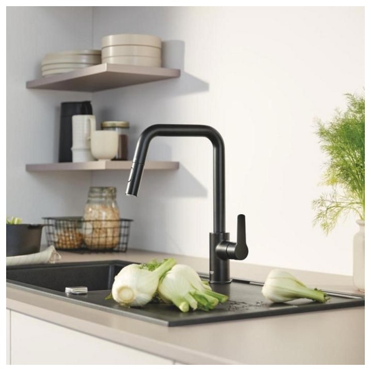 Robinet de cuisine avec douchette GROHE Start bec haut noir mat 2 jets Robinet de cuisine avec douchette GROHE Start bec haut noir mat 2 jets