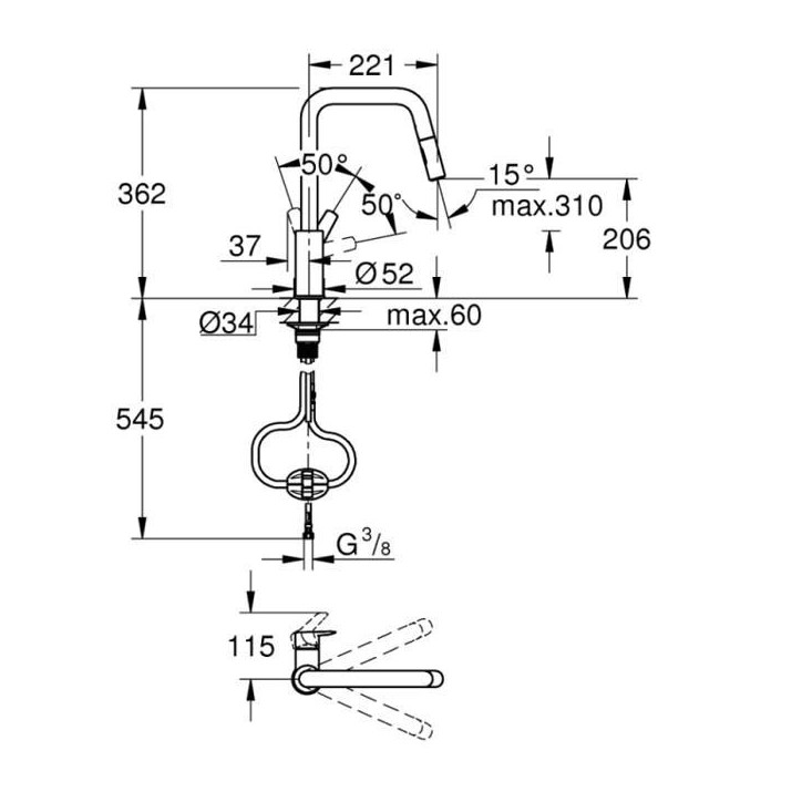 Robinet de cuisine avec douchette GROHE Start bec haut noir mat 2 jets Robinet de cuisine avec douchette GROHE Start bec haut noir mat 2 jets