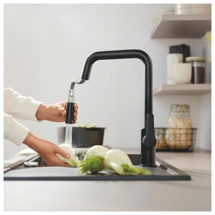 Robinet de cuisine avec douchette GROHE Start bec haut noir mat 2 jets Robinet de cuisine avec douchette GROHE Start bec haut noir mat 2 jets