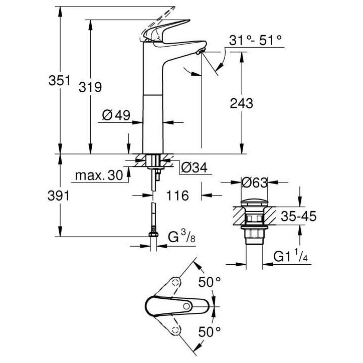 Mitigeur monocommande vasque a poser - GROHE Swift - 24331001 - Chromé - Taille XL rehaussée - Economie d'eau - Vidage clic cl Mitigeur monocommande vasque a poser - GROHE Swift - 24331001 - Chromé - Taille XL rehaussée - Economie d'eau - Vidage clic cl