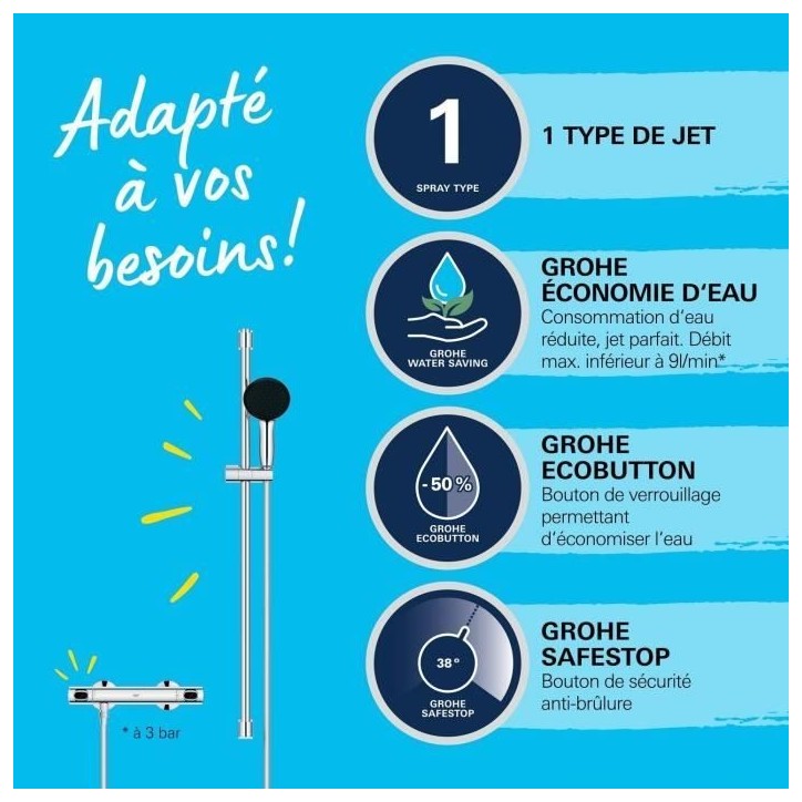 Ensemble de douche - 1 jet - Mitigeur thermostatique - GROHE - 34805001 - Gris