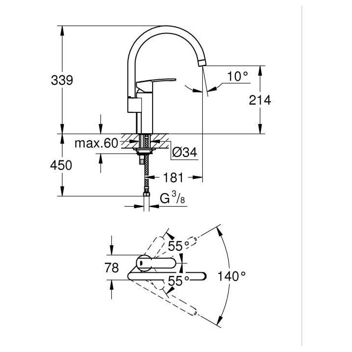 Mitigeur d'évier tube pivotant WAVE COSMOPOLITAN monocommande - GROHE - 32449-001