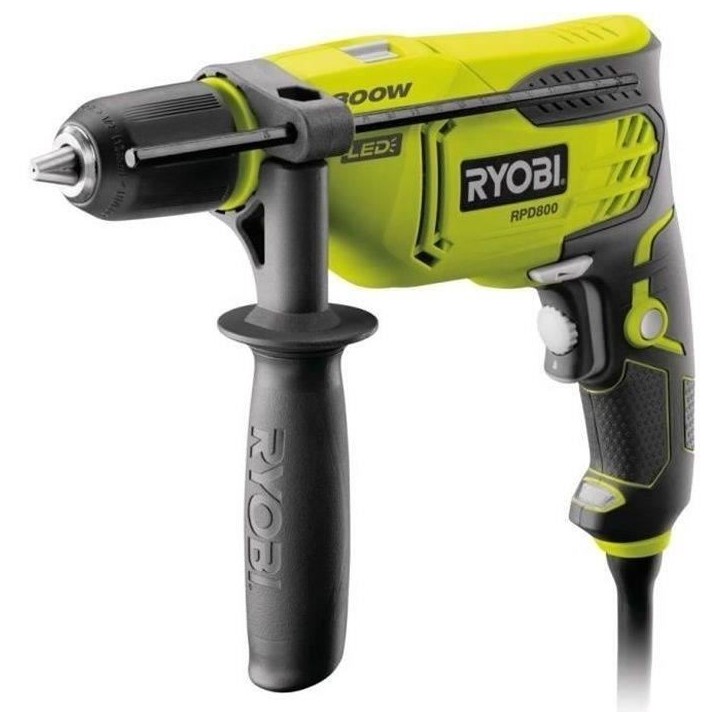 RYOBI - Perceuse a percussion 800 W - 3 000 cp/min - mandrin 13mm - blocage d'arbre - LED + coffret & butée de profondeur - RPD