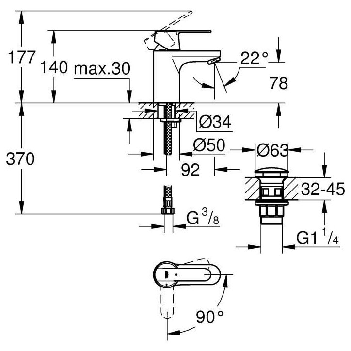 GROHE Mitigeur monocommande Lavabo Taille S Get Chromé 23586000 GROHE Mitigeur monocommande Lavabo Taille S Get Chromé 23586000