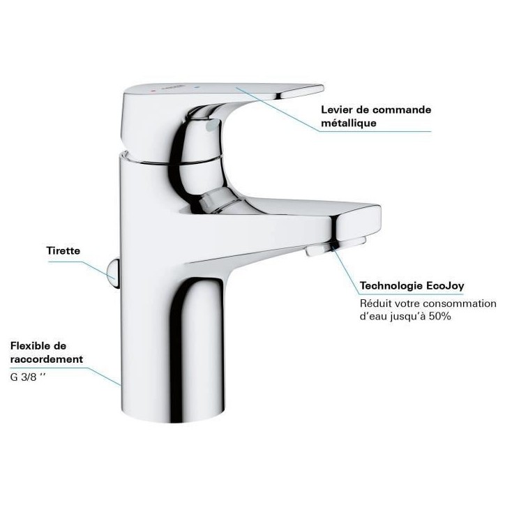 GROHE Mitigeur monocommande Lavabo Taille S Start Flow Chromé 23769000 GROHE Mitigeur monocommande Lavabo Taille S Start Flow Chromé 23769000