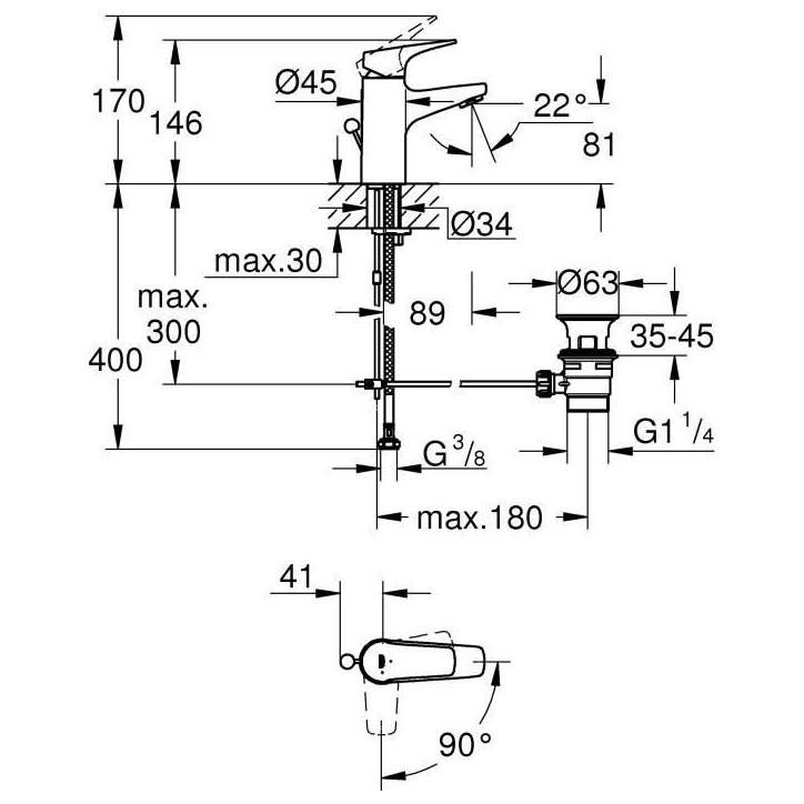 GROHE Mitigeur monocommande Lavabo Taille S Start Flow Chromé 23769000 GROHE Mitigeur monocommande Lavabo Taille S Start Flow Chromé 23769000