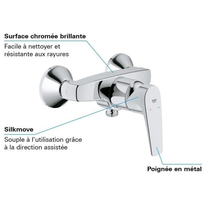 GROHE robinet douche monocommande Start Flow, montage mural, raccord fileté pour flexible en 1/2, rosaces métal incluses, 2377 GROHE robinet douche monocommande Start Flow, montage mural, raccord fileté pour flexible en 1/2, rosaces métal incluses, 2377