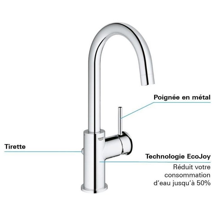 Mitigeur monocommande Lavabo - GROHE - Taille L - Chromé - Pivotant - Economie d'eau Mitigeur monocommande Lavabo - GROHE - Taille L - Chromé - Pivotant - Economie d'eau